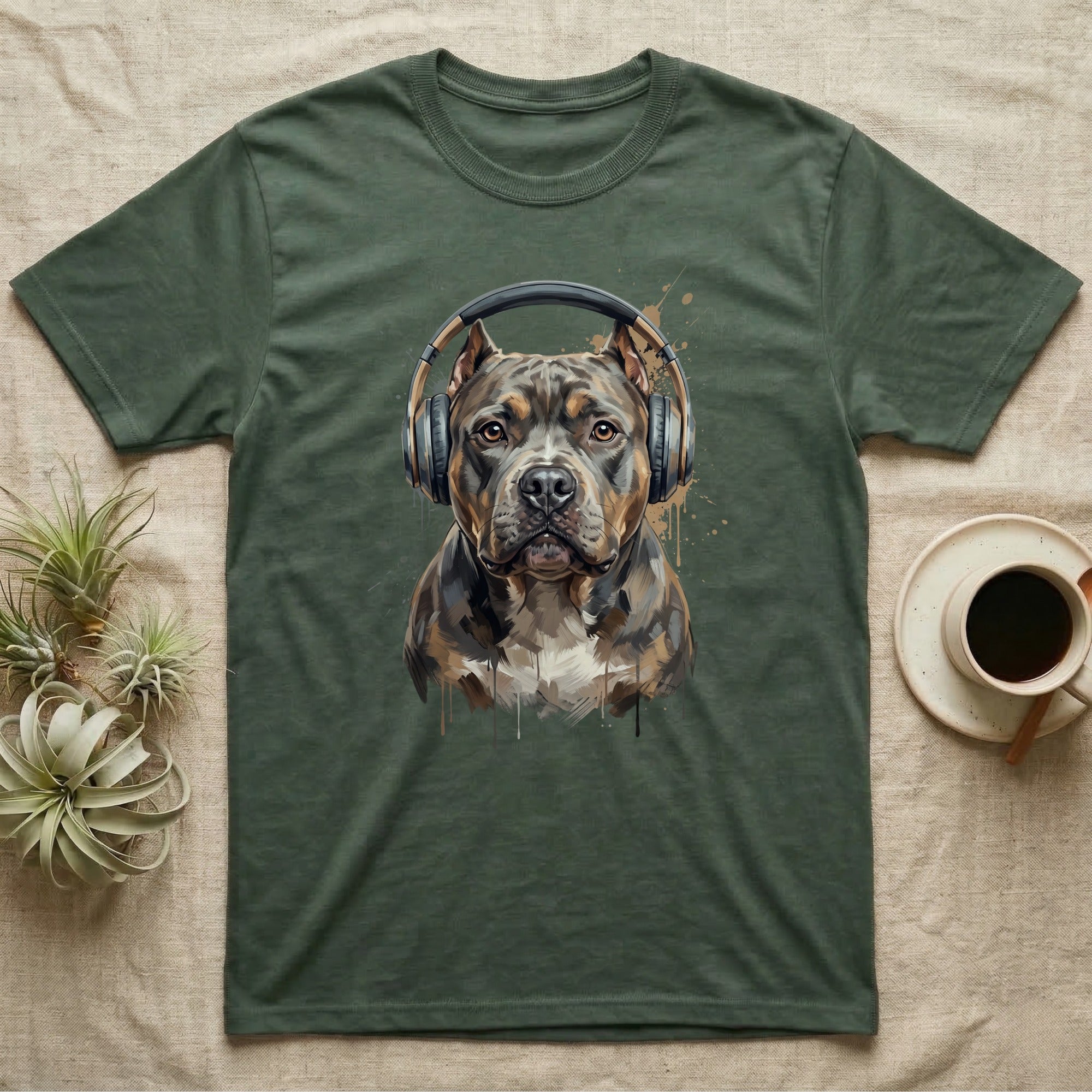 Green t-shirt with watercolor pitbull wearing headphones.