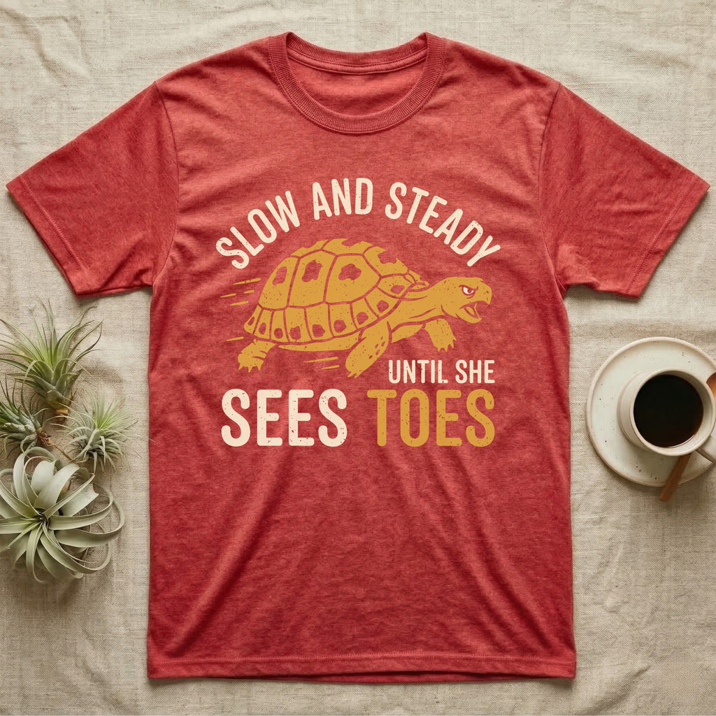 Hermann's Tortoise Toes T-Shirt in Heather Red — Golden ochre Hermann's tortoise charging to the right under arched cream words Slow And Steady, with Until She Sees Toes below