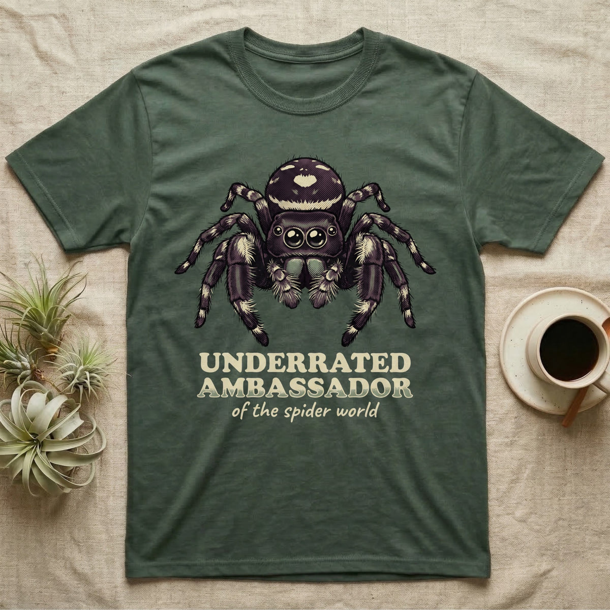 Underrated Ambassador Spider T-Shirt in Military Green — Soft creepy-cute portrait of a big-eyed jumping spider with hand-lettered text reading Underrated Ambassador of the Spider World.