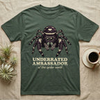 Underrated Ambassador Spider T-Shirt in Military Green — Soft creepy-cute portrait of a big-eyed jumping spider with hand-lettered text reading Underrated Ambassador of the Spider World.