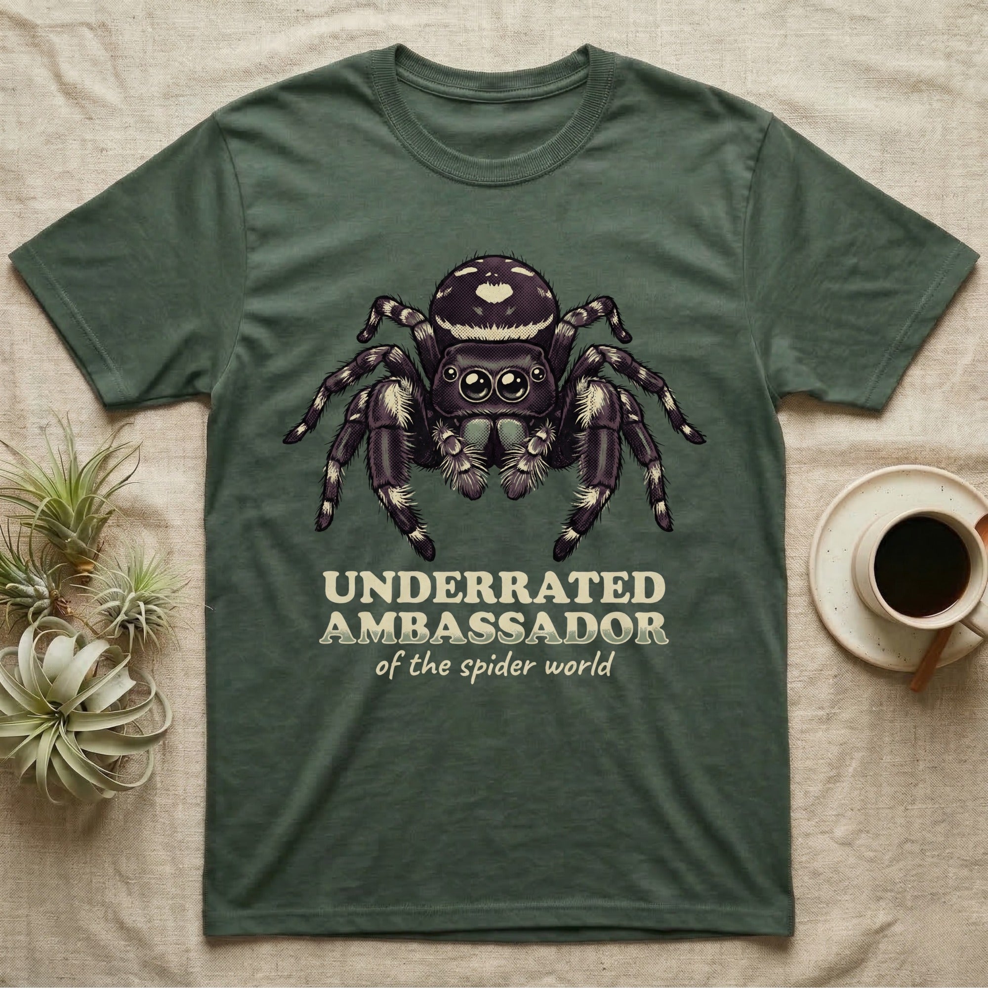Underrated Ambassador Spider T-Shirt in Military Green — Soft creepy-cute portrait of a big-eyed jumping spider with hand-lettered text reading Underrated Ambassador of the Spider World.
