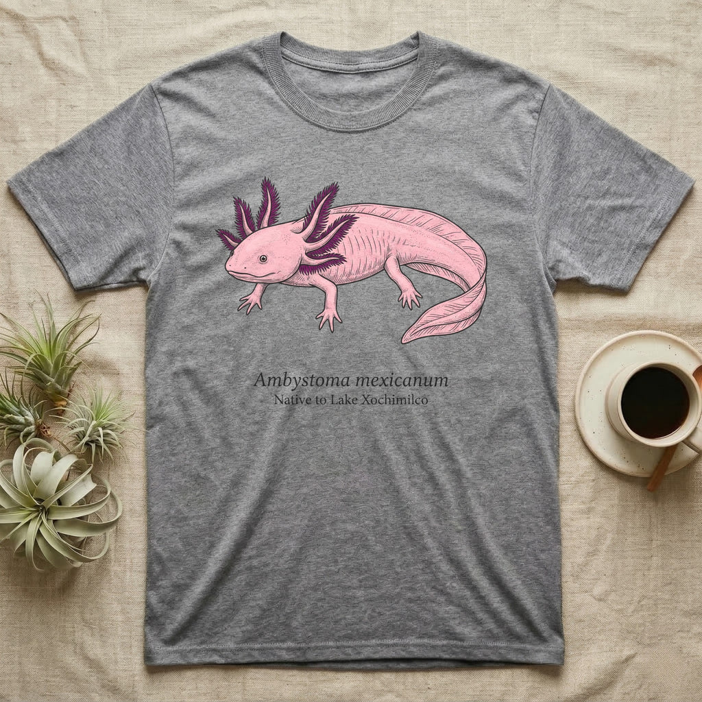 Grey t-shirt with a pink axolotl illustration and text "Ambystoma Mexicanum".