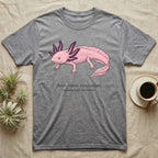 Grey t-shirt with a pink axolotl illustration and text "Ambystoma Mexicanum".