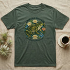 Green t-shirt with an American Bullfrog and Lithobates catesbeianus scientific name.