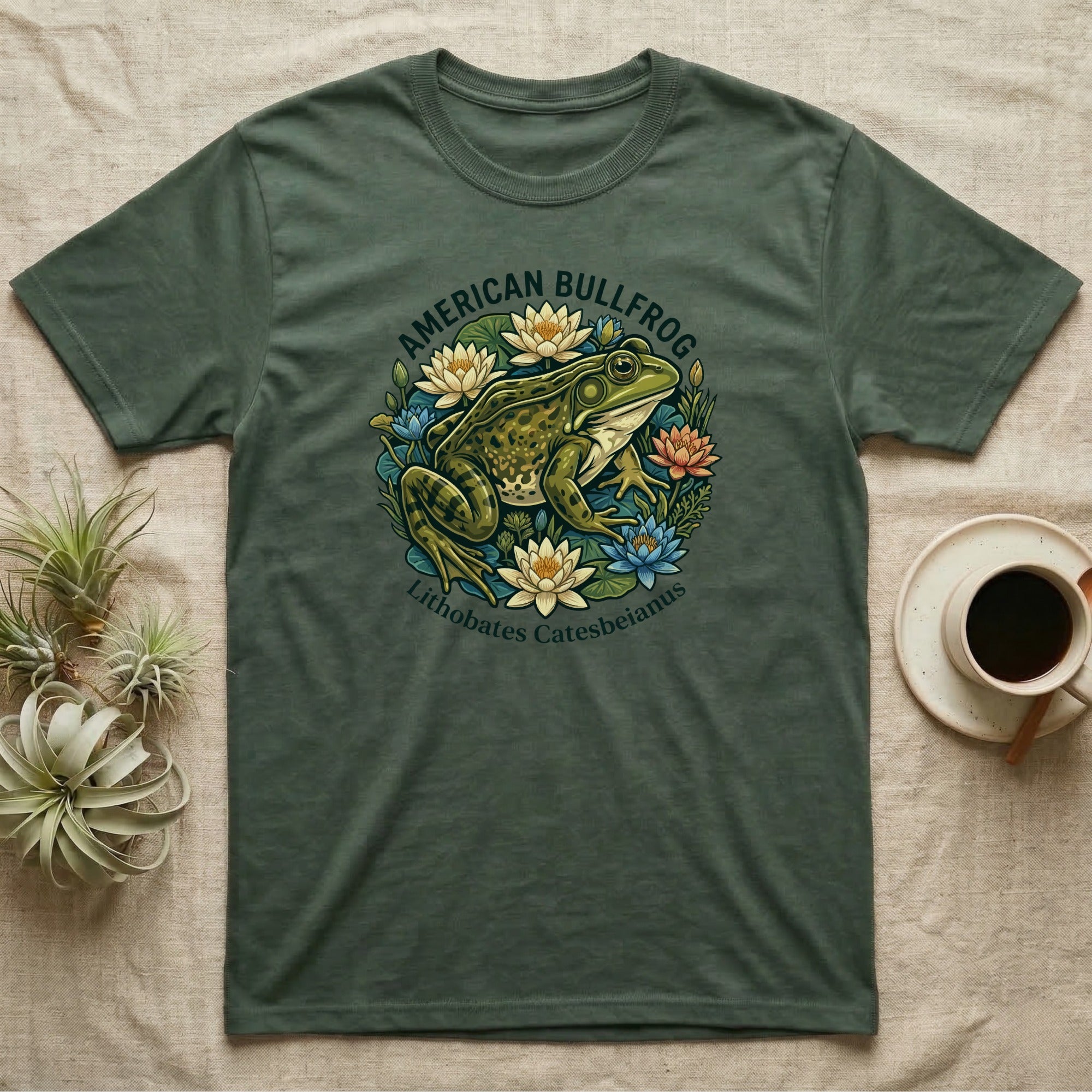Green t-shirt with an American Bullfrog and Lithobates catesbeianus scientific name.