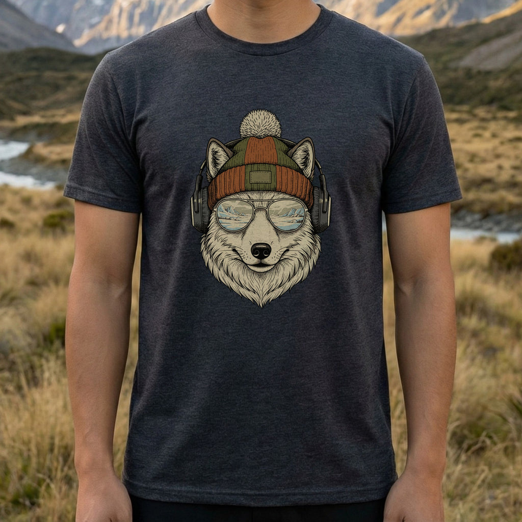 Stylish Wolf in Beanie and Headphones Graphic T-shirt