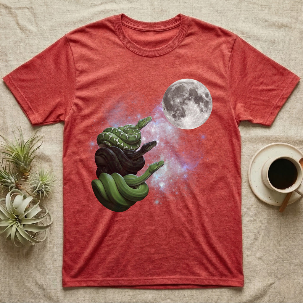 Emerald Tree Boa Moon Howl T-Shirt in Heather Red — Three Emerald Tree Boa colour morphs howling at a full moon over a nebula on a dark grey t-shirt.