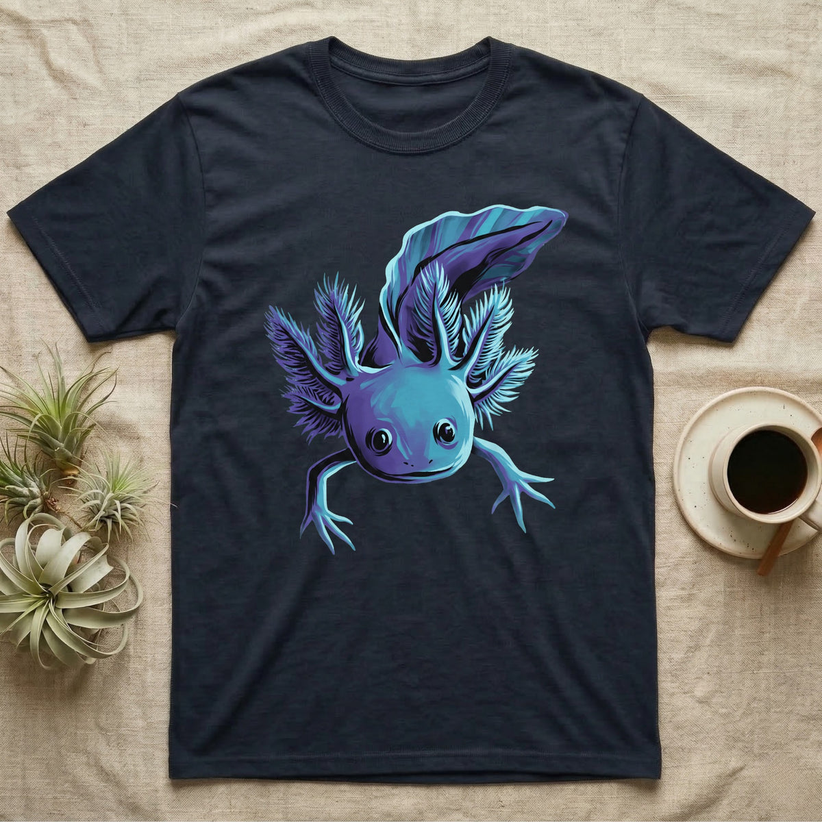 Neon cyan and purple illustration of a floating axolotl with spread gill plumes in a glowing bioluminescent style, no on-shirt text. — shown on a Navy tee.