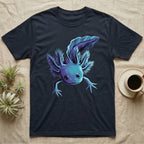 Neon cyan and purple illustration of a floating axolotl with spread gill plumes in a glowing bioluminescent style, no on-shirt text. — shown on a Navy tee.
