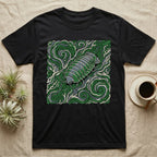 Black t-shirt with a stylized green woodlouse on a swirled green background.