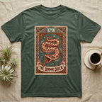 Hognose Snake Drama Queen T-Shirt in Military Green — Ornate tarot card of a western hognose snake playing dead, banner reading "The Drama Queen."