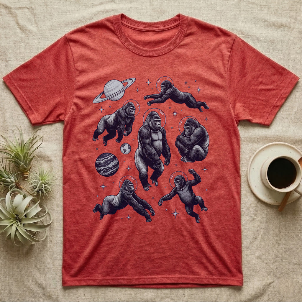 Red t-shirt with a repeating pattern of astronauts in space.