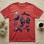 Red t-shirt with a repeating pattern of astronauts in space.