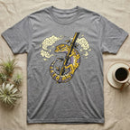 Gray t-shirt with a yellow and purple leopard gecko on bamboo, surrounded by clouds.