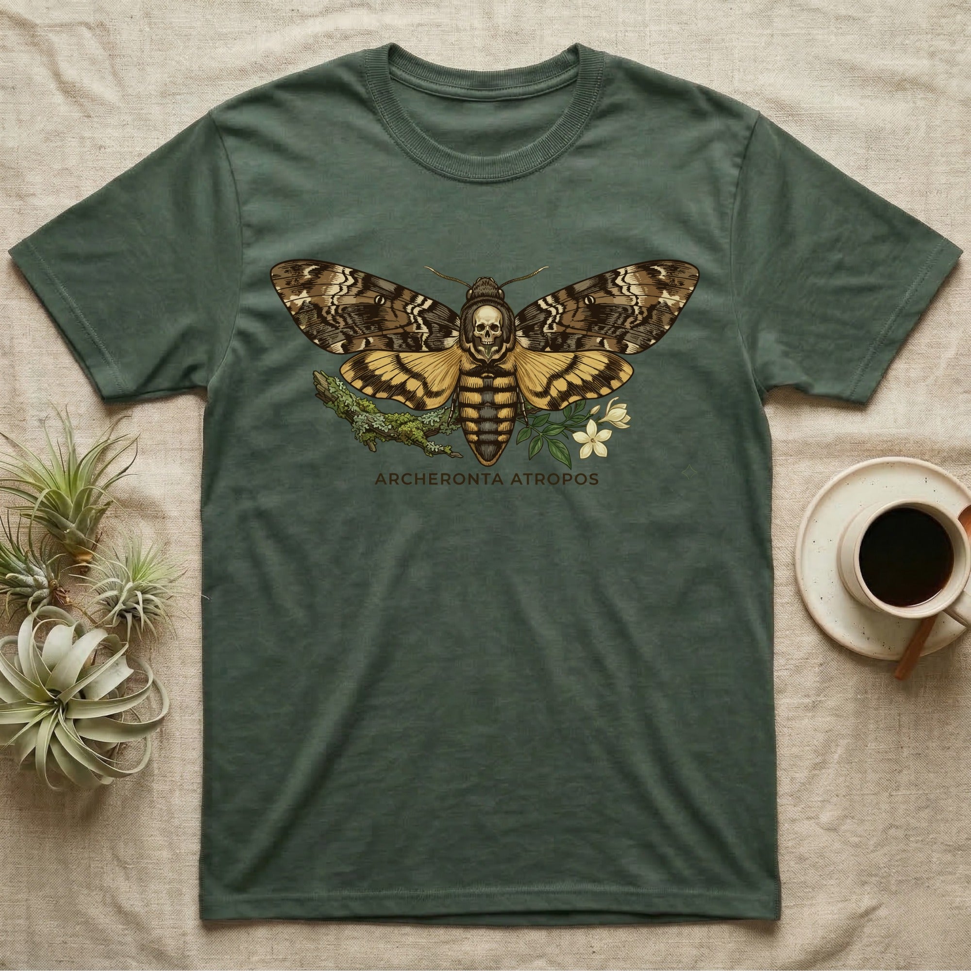 Dark green t-shirt with Archeron Atropos moth and skull design.