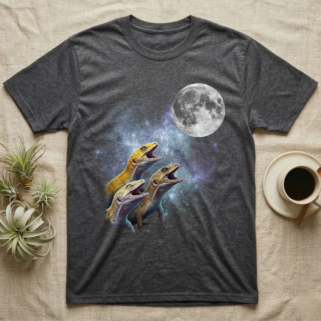 Leopard Gecko Moon Howl T-Shirt in Dark Heather — Three Leopard Gecko colour morphs howling at a full moon over a nebula on a dark grey t-shirt.
