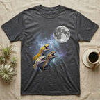 Leopard Gecko Moon Howl T-Shirt in Dark Heather — Three Leopard Gecko colour morphs howling at a full moon over a nebula on a dark grey t-shirt.
