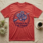 Ball Python Hissing Love Language T-Shirt in Heather Red — Navy engraving of a ball python coiled around a broomstick in a knotwork ring, "Hissing Is My Love Language."