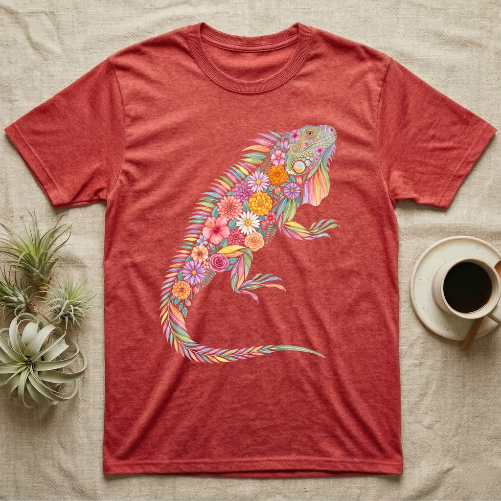Green Iguana Floral Mosaic T-Shirt in Heather Red — Watercolour green iguana climbing, its whole body built from painted hibiscus, dandelion and leaf shapes.