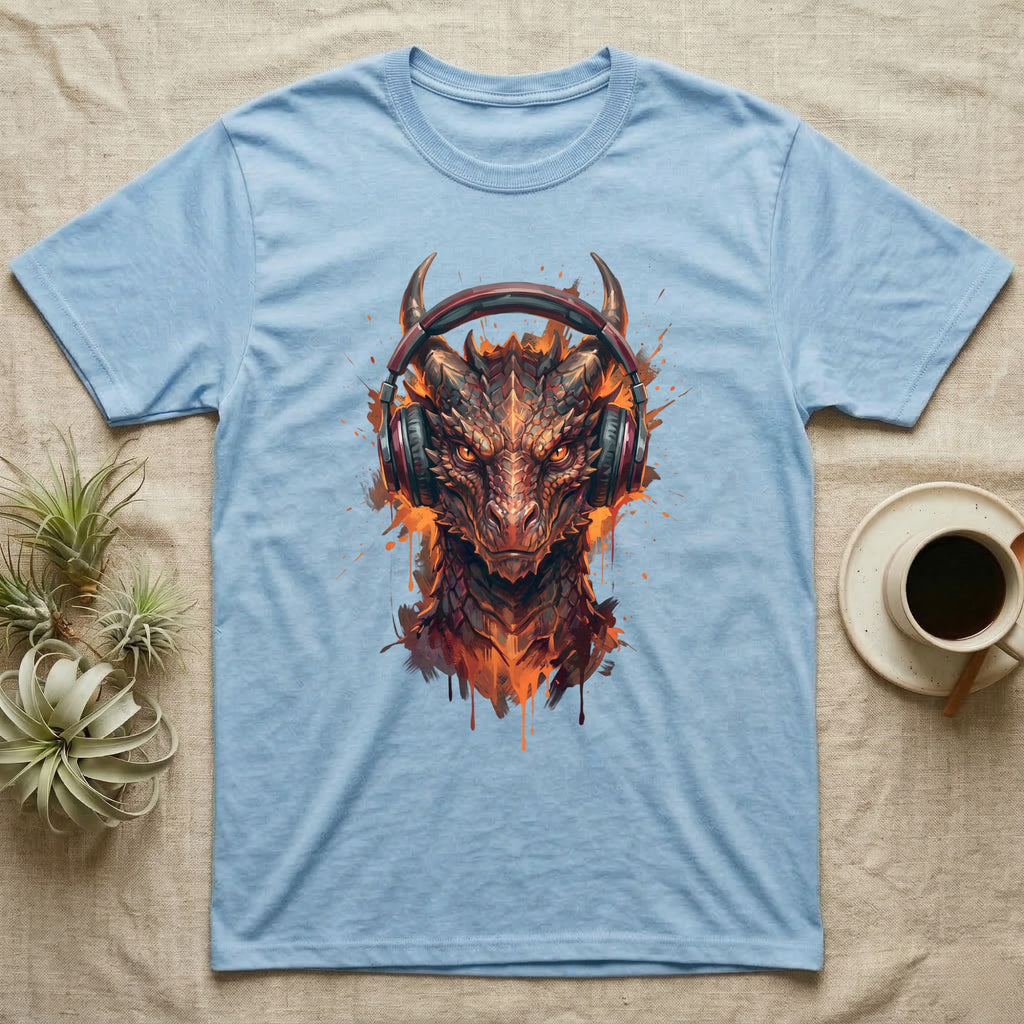 Blue t-shirt with a detailed illustration of a dragon wearing headphones.