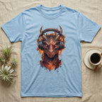Blue t-shirt with a detailed illustration of a dragon wearing headphones.
