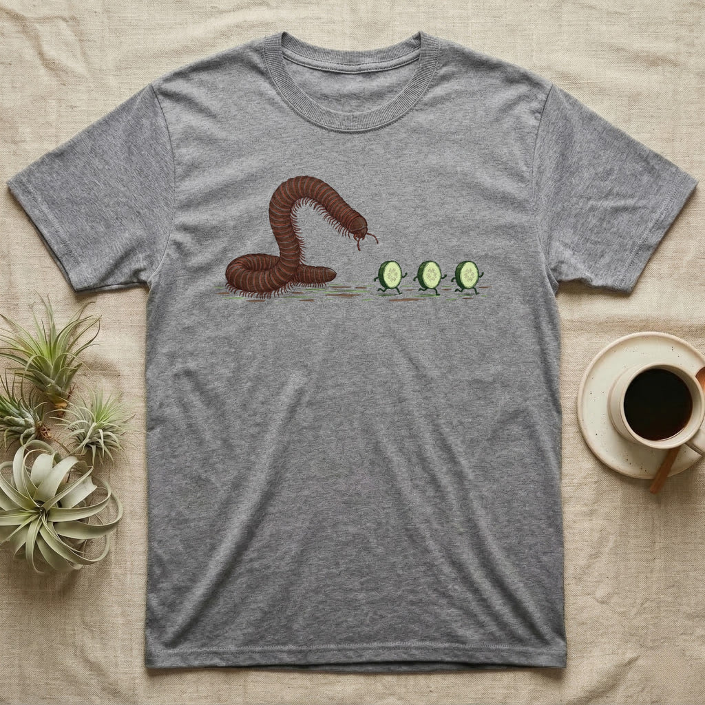 Millipede Cucumber Chase T-Shirt in Sport Grey — A huge giant African millipede rearing up and chasing three small cucumber slices running away on tiny legs.