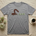 Millipede Cucumber Chase T-Shirt in Sport Grey — A huge giant African millipede rearing up and chasing three small cucumber slices running away on tiny legs.