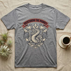 Overthrow The Market Python T-Shirt in Sport Grey — Vintage heraldic-crest illustration of a regal ball python with a banner reading "Overthrow The Market."
