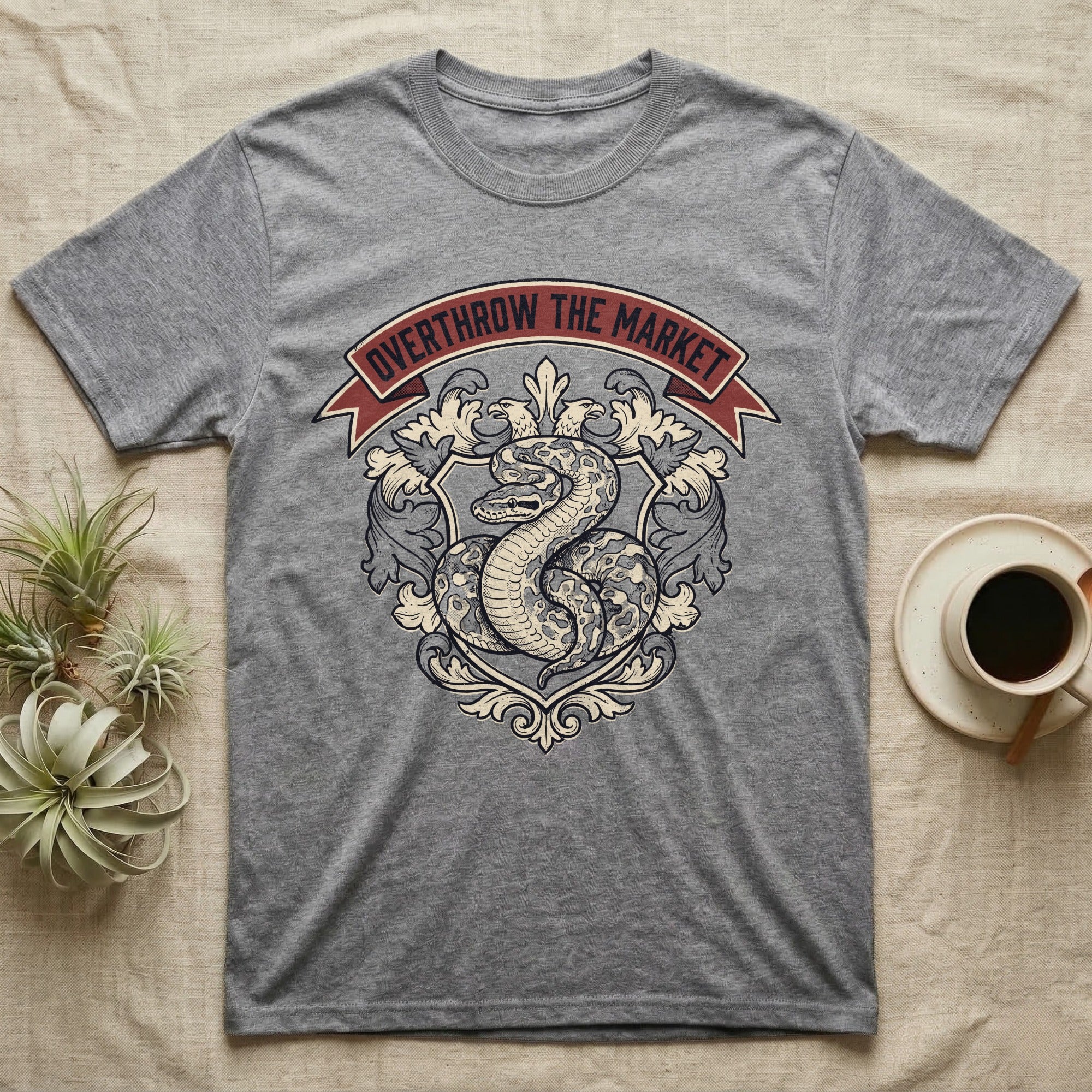 Overthrow The Market Python T-Shirt in Sport Grey — Vintage heraldic-crest illustration of a regal ball python with a banner reading "Overthrow The Market."