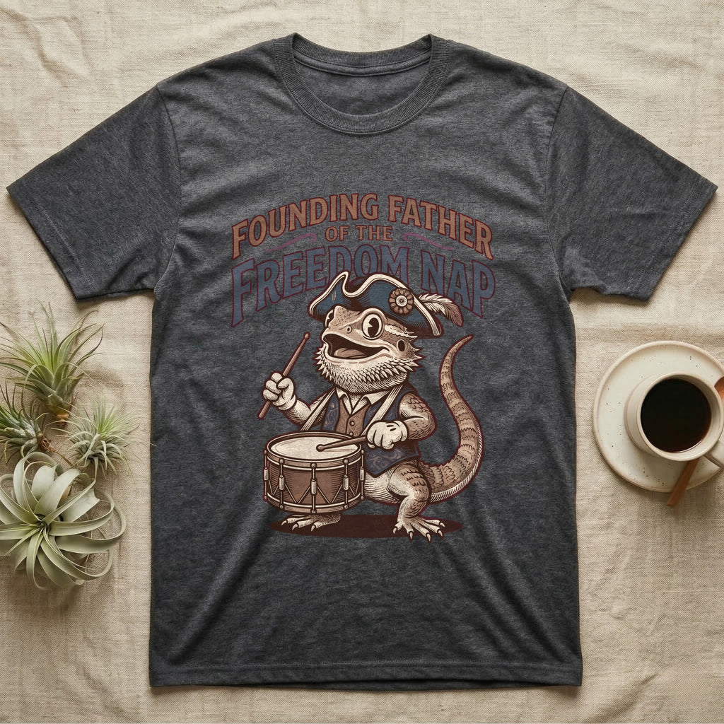 Bearded Dragon Drummer T-Shirt in Dark Heather — Sepia woodcut bearded dragon as a Revolutionary drummer boy under ornate text Founding Father of the Freedom Nap.