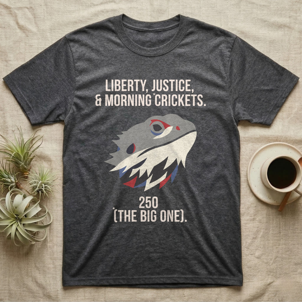 Bearded Dragon Low Poly T-Shirt in Dark Heather — Low-poly faceted bearded dragon head in muted tones with text Liberty, Justice and Morning Crickets, 250 The Big One.