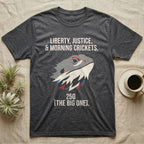 Bearded Dragon Low Poly T-Shirt in Dark Heather — Low-poly faceted bearded dragon head in muted tones with text Liberty, Justice and Morning Crickets, 250 The Big One.