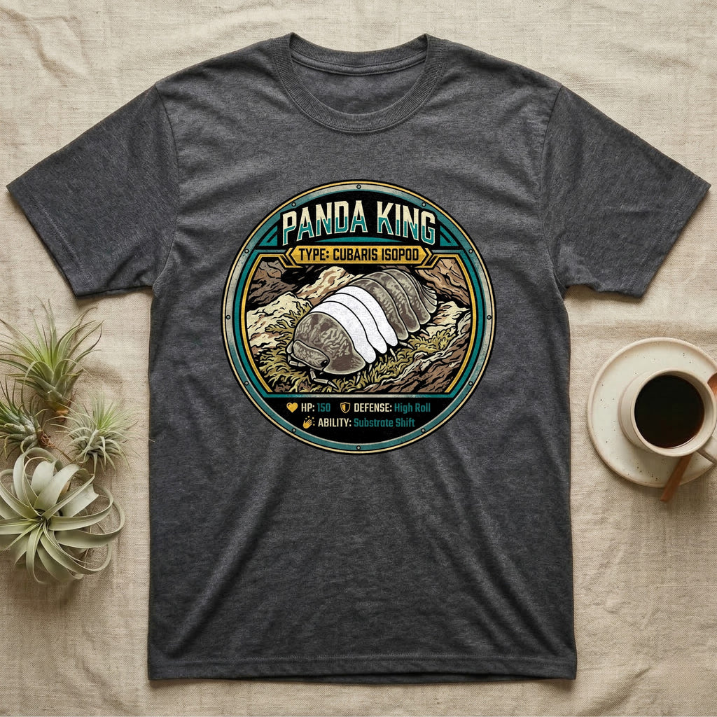 Panda King Isopod Trading Card T-Shirt in Dark Heather — Metal stat-card badge showing a Panda King Cubaris isopod on limestone with HP and ability lines.