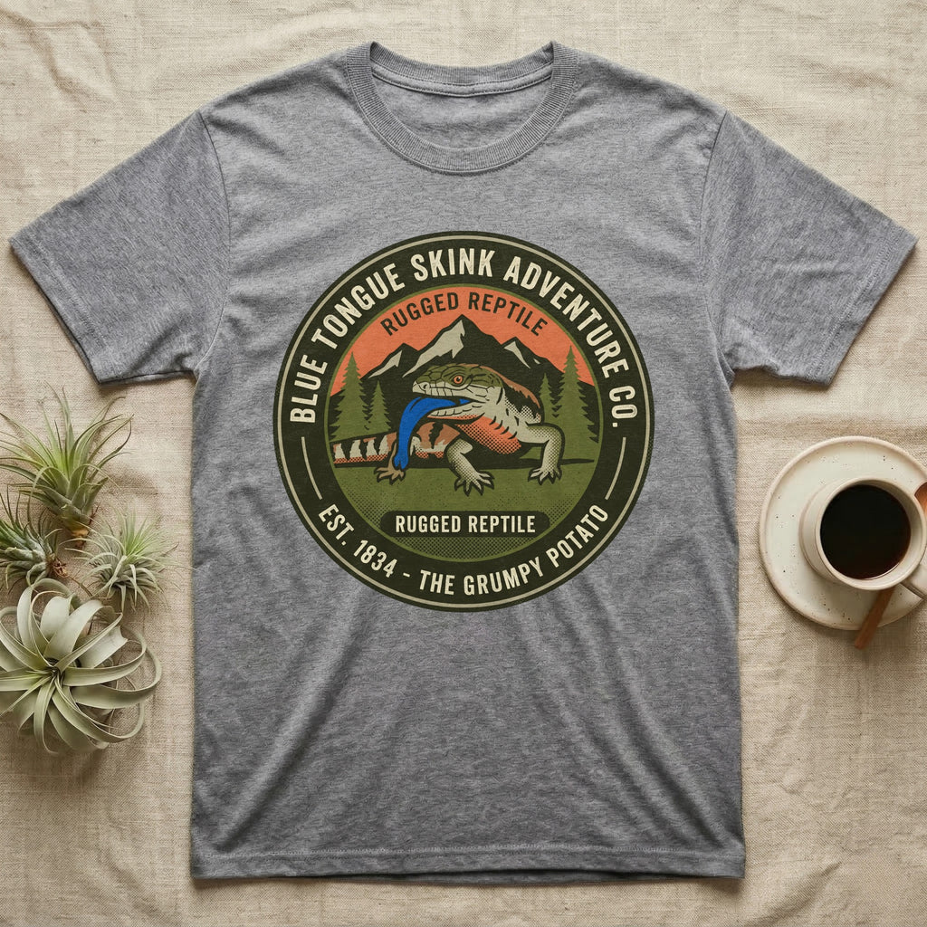 Gray t-shirt with circular blue tongue skink adventure graphic.