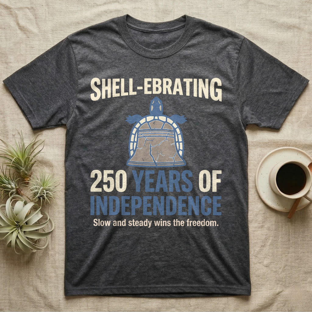 Sea Turtle Liberty Bell T-Shirt in Dark Heather — Slate-blue and cream tee of a sea turtle whose shell is drawn as the Liberty Bell under Shell-Ebrating 250 Years text.