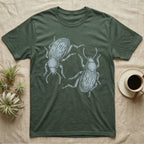 Death-Feigning Beetle Roundel T-Shirt in Military Green — Two blue death-feigning beetles in pale blue brush line art, rotated 180 degrees into a circle closed by their own bodies.
