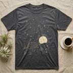 Russian Tortoise Moonlight T-Shirt in Dark Heather — Scratchboard-style Russian tortoise walking up a steppe ridge toward a setting moon under a starry sky