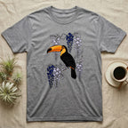 Grey t-shirt with a toucan perched on a flowering branch.
