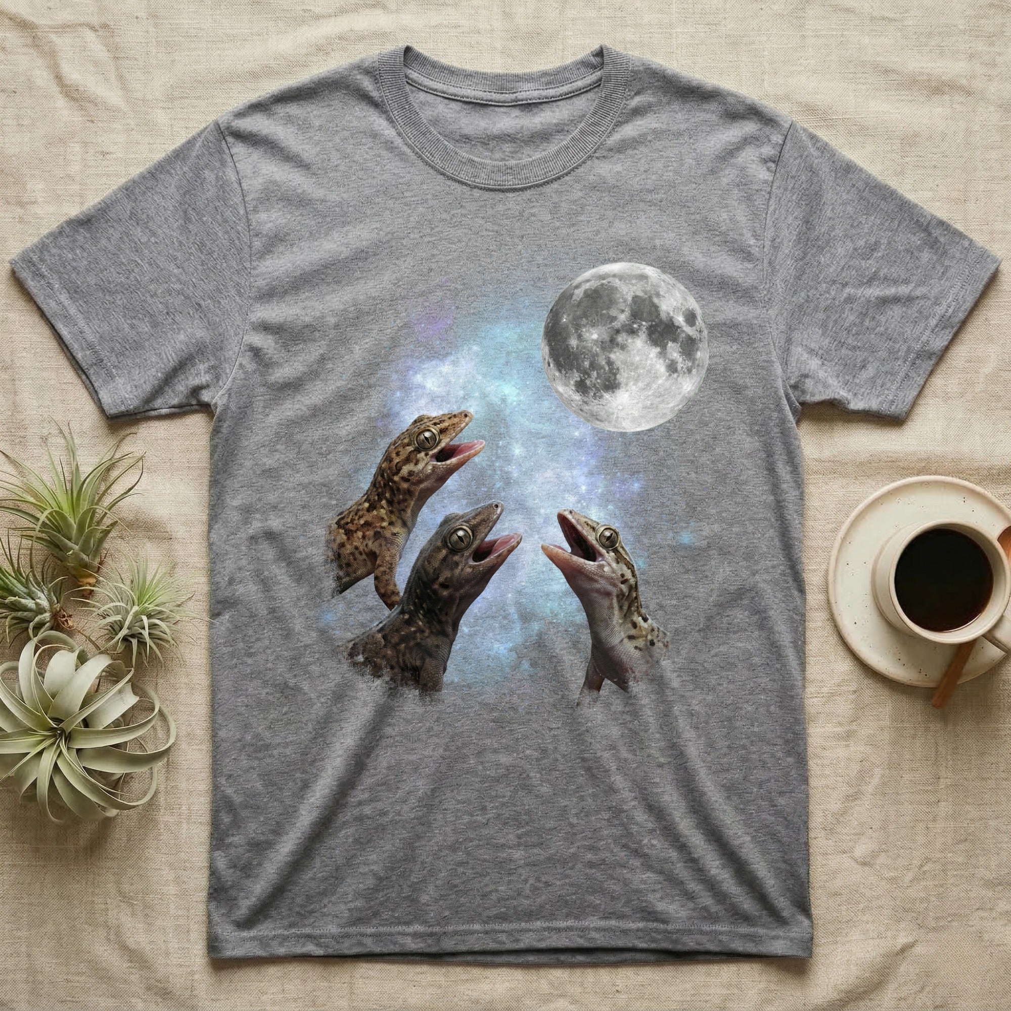 Mourning Gecko Moon Howl T-Shirt in Sport Grey — Three Mourning Gecko colour morphs howling at a full moon over a nebula on a dark grey t-shirt.