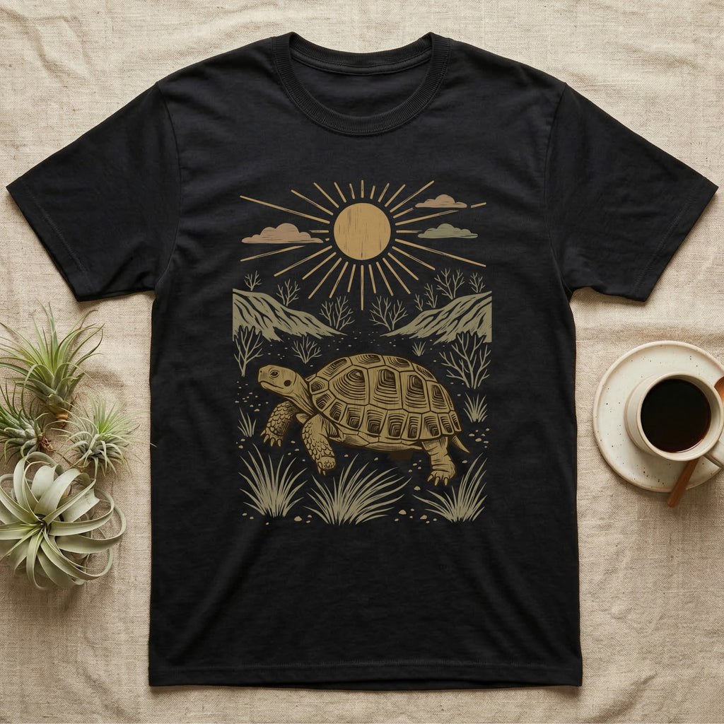 Russian Tortoise Home Range T-Shirt in Black — Woodcut-style illustration of a Russian tortoise walking across gravelly steppe under a full sun with dry hills behind, no on-shirt text.