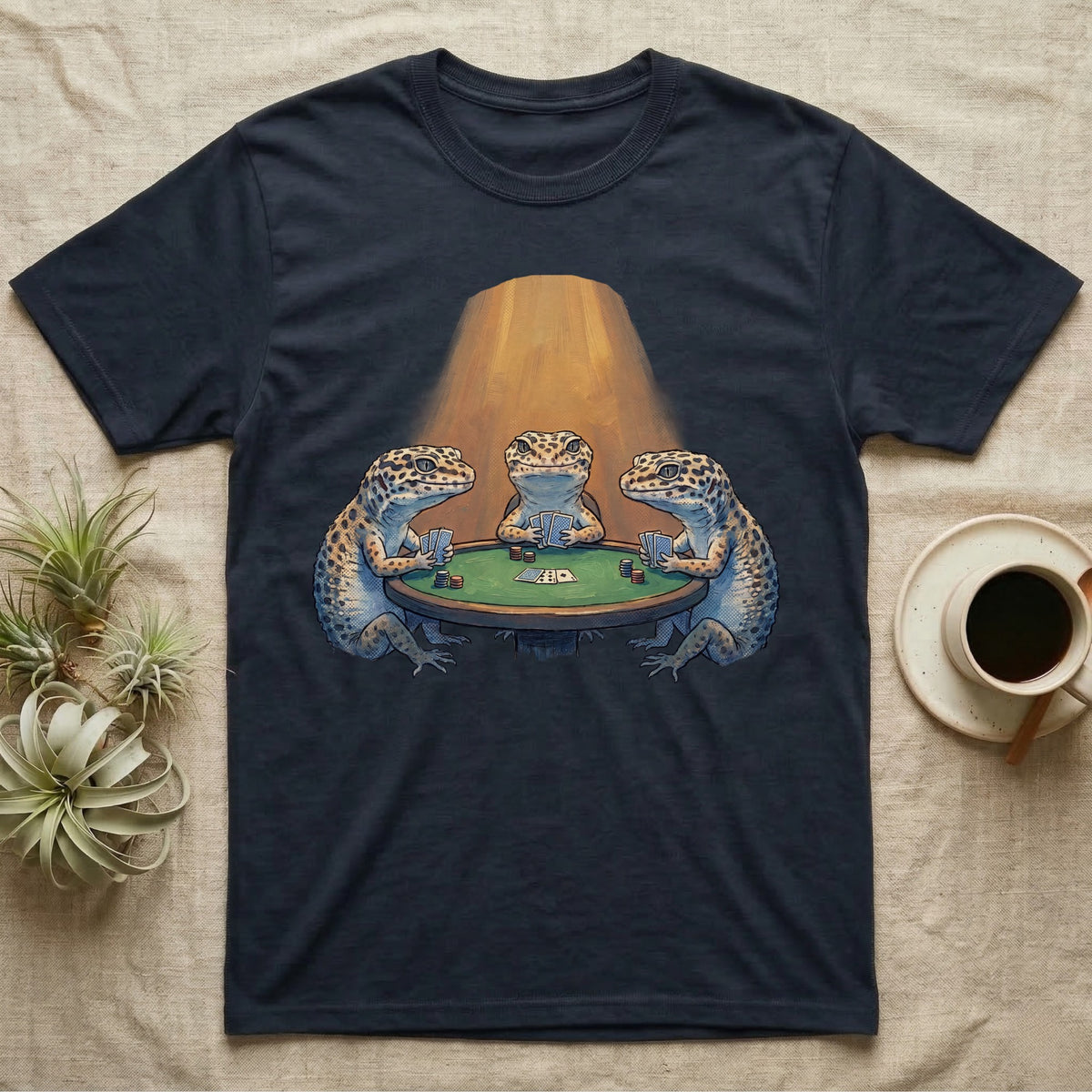 Leopard Gecko Poker T-Shirt in Navy — Vintage oil-painting tableau of three leopard geckos playing poker around a green-felt table in warm amber light.