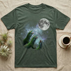 Giant Day Gecko Moon Howl T-Shirt in Military Green — Three Giant Day Gecko colour morphs howling at a full moon over a nebula on a dark grey t-shirt.
