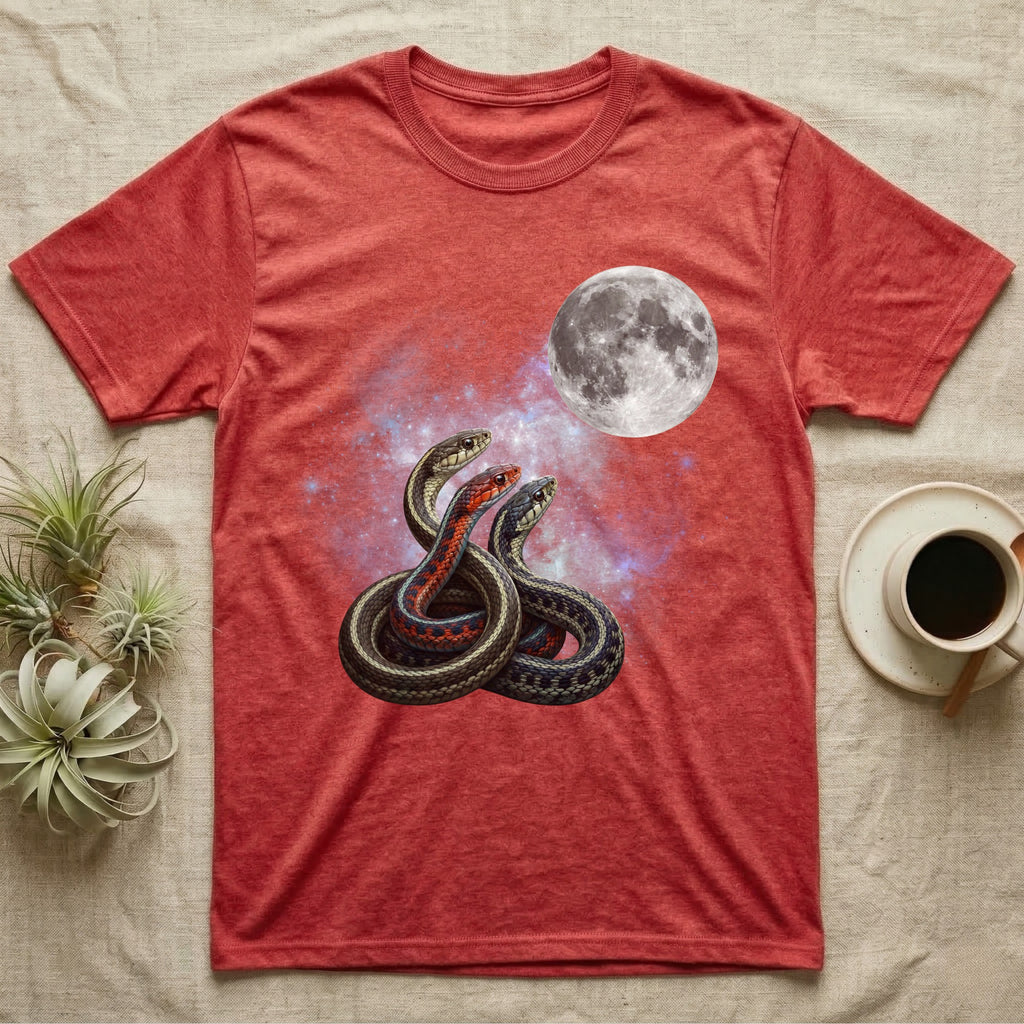Garter Snake Moon Howl T-Shirt in Heather Red — Three Garter Snake colour morphs howling at a full moon over a nebula on a dark grey t-shirt.