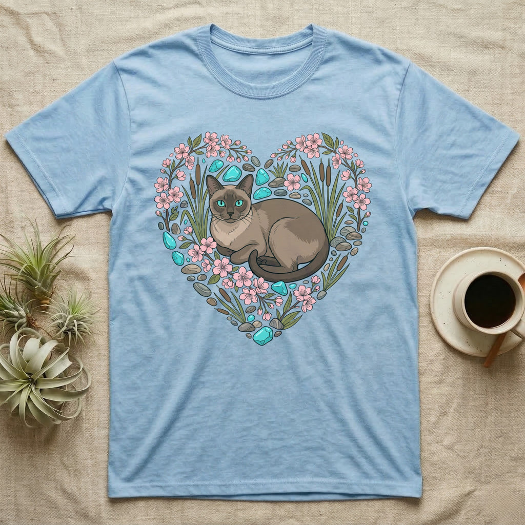 Light blue t-shirt with a Siamese cat inside a heart-shaped floral arrangement.