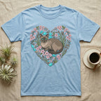 Light blue t-shirt with a Siamese cat inside a heart-shaped floral arrangement.