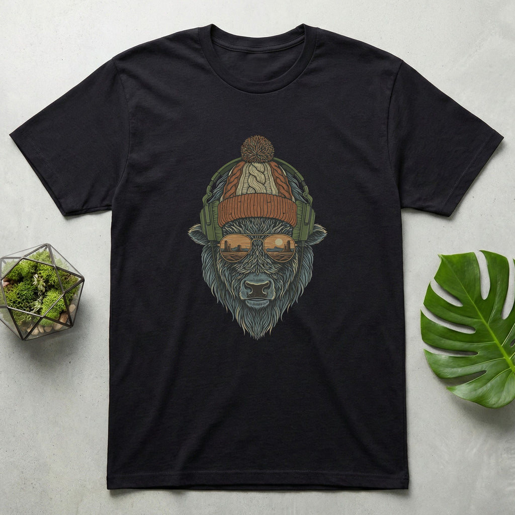 Cool Urban Bison Wearing Headphones and Beanie T-Shirt