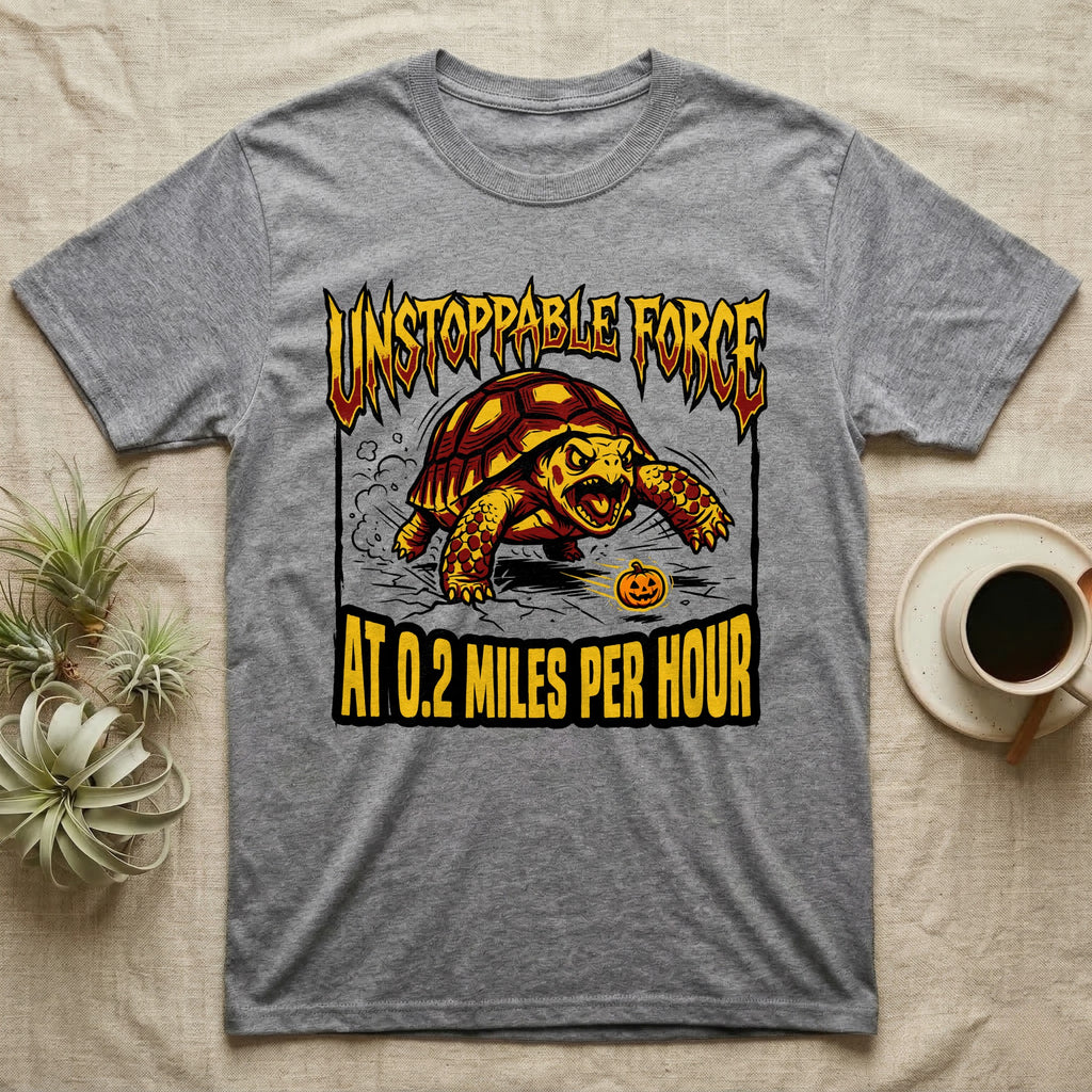 Red-Footed Tortoise Unstoppable Force T-Shirt in Sport Grey — Metal-style furious tortoise charging a candy pumpkin, "Unstoppable Force At 0.2 Miles Per Hour."
