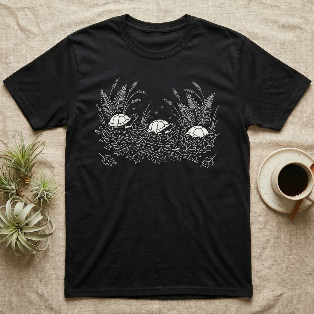Box Turtle Botanical T-Shirt in Black — Three small eastern box turtles in fine white line ringing a fanned spray of ferns, grasses and leaf litter.