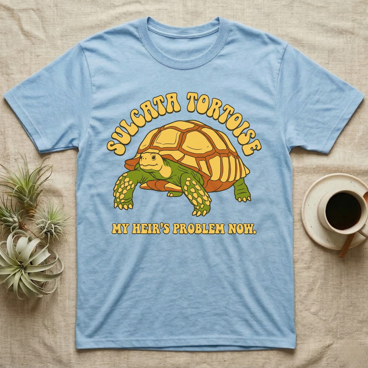 Light blue t-shirt with "SULGATA TORTOISE" and cartoon tortoise.