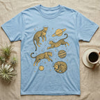 Blue t-shirt with leopards in space wearing astronaut helmets and planets.